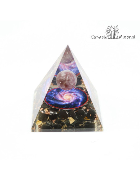 Pirámide orgonite y cuarzo rosa